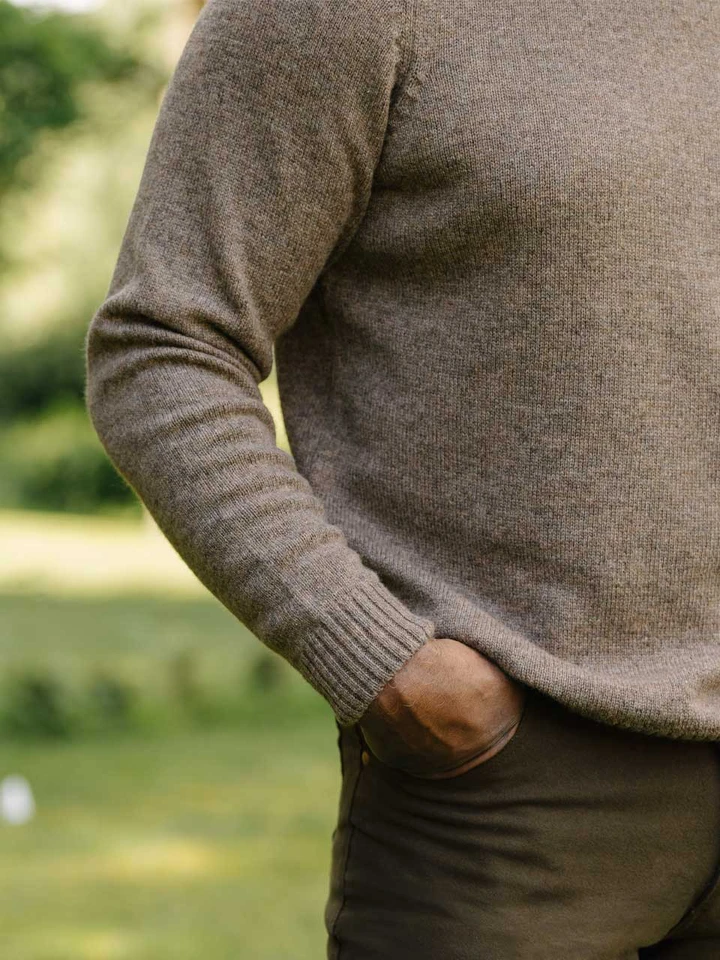 Mens Mushroom Brown Lambswool Roll Neck Jumper on Model