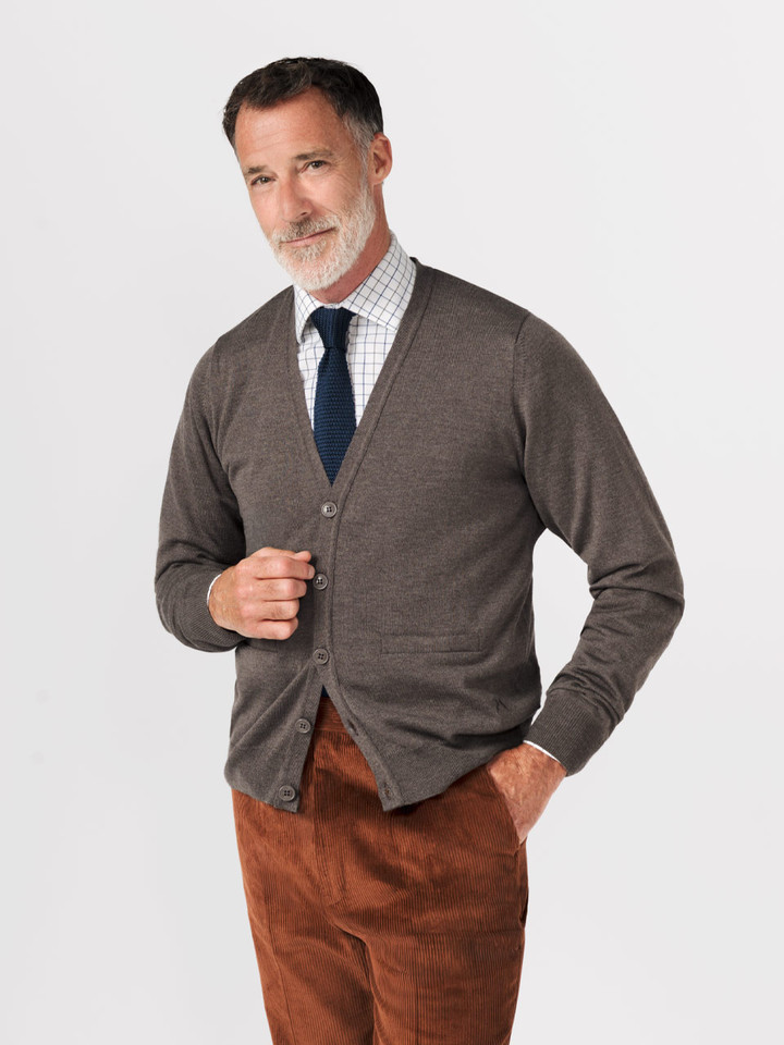 Mens Truffle Merino Cardigan on Model