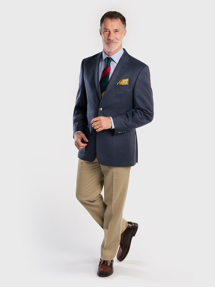 Men's Luxury Navy Blue Wool Blazer Jacket On Model in Studio