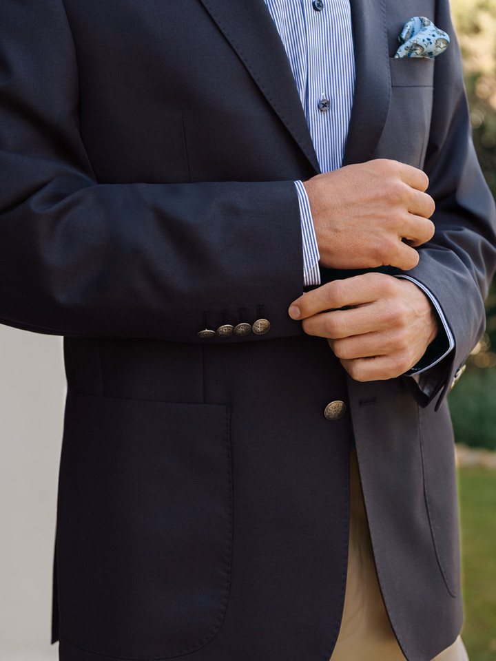 Men's Navy Blue Commodore Luxury Wool Blazer on Model Button Details