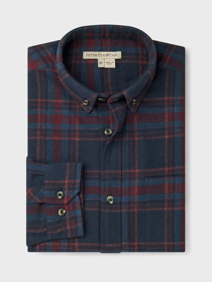 Mens Navy & Burgundy Brushed Check Shirt