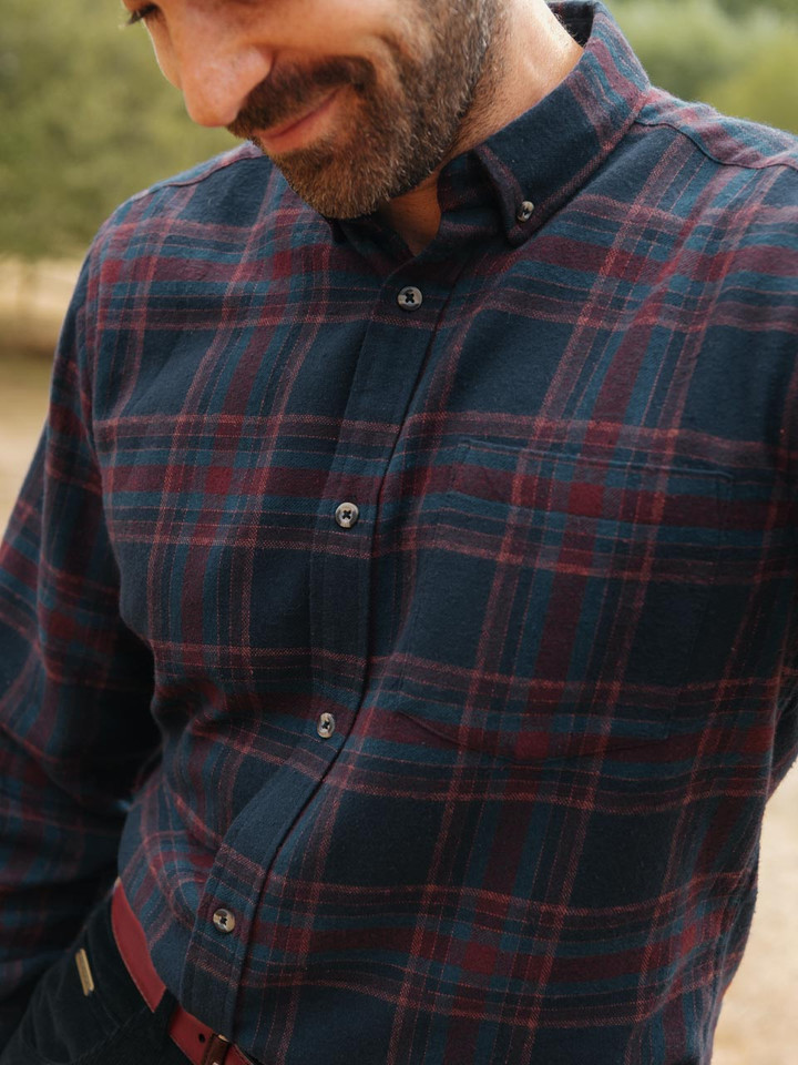 Mens Navy & Burgundy Brushed Check Shirt on Model