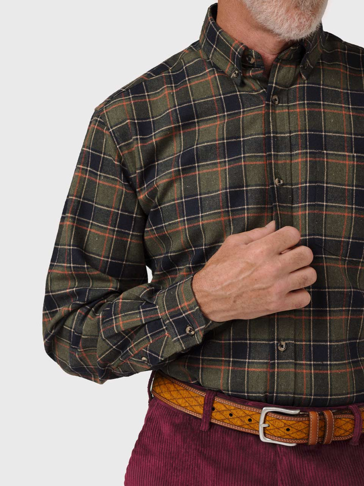 Mens Green & Orange Brushed Check Shirt on Model