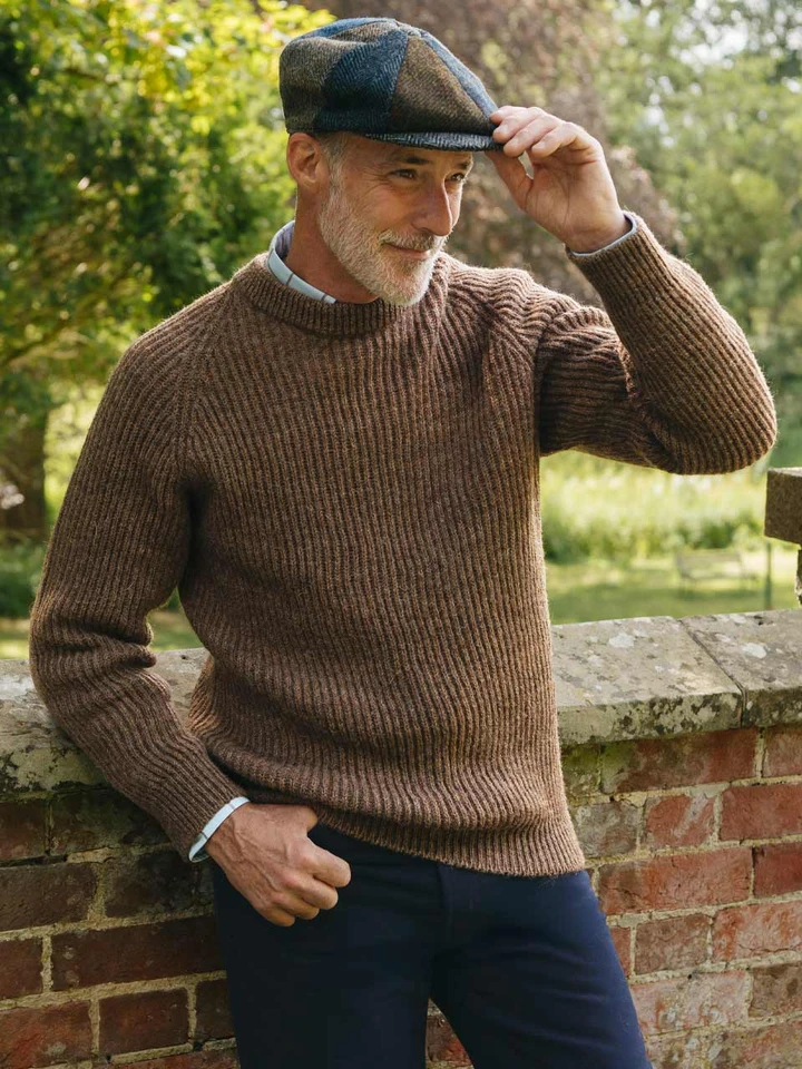 Mens Walnut Brown Pure Wool Ribbed Fisherman Jumper on Model