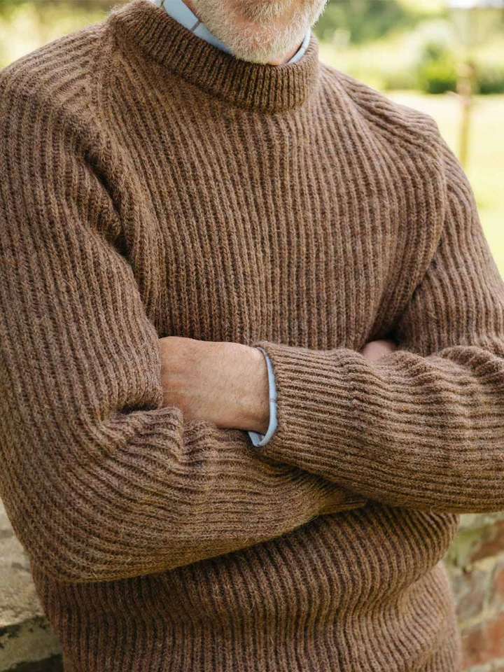 Mens Walnut Brown Pure Wool Ribbed Fisherman Jumper on Model