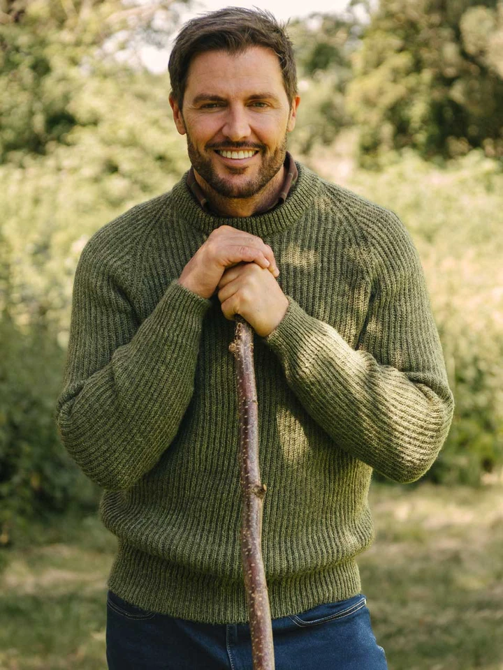 Mens Green Pure Wool Ribbed Fisherman Jumper on Model