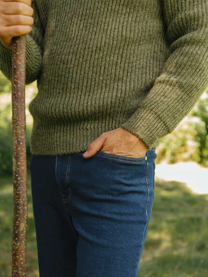 Mens Green Pure Wool Ribbed Fisherman Jumper on Model
