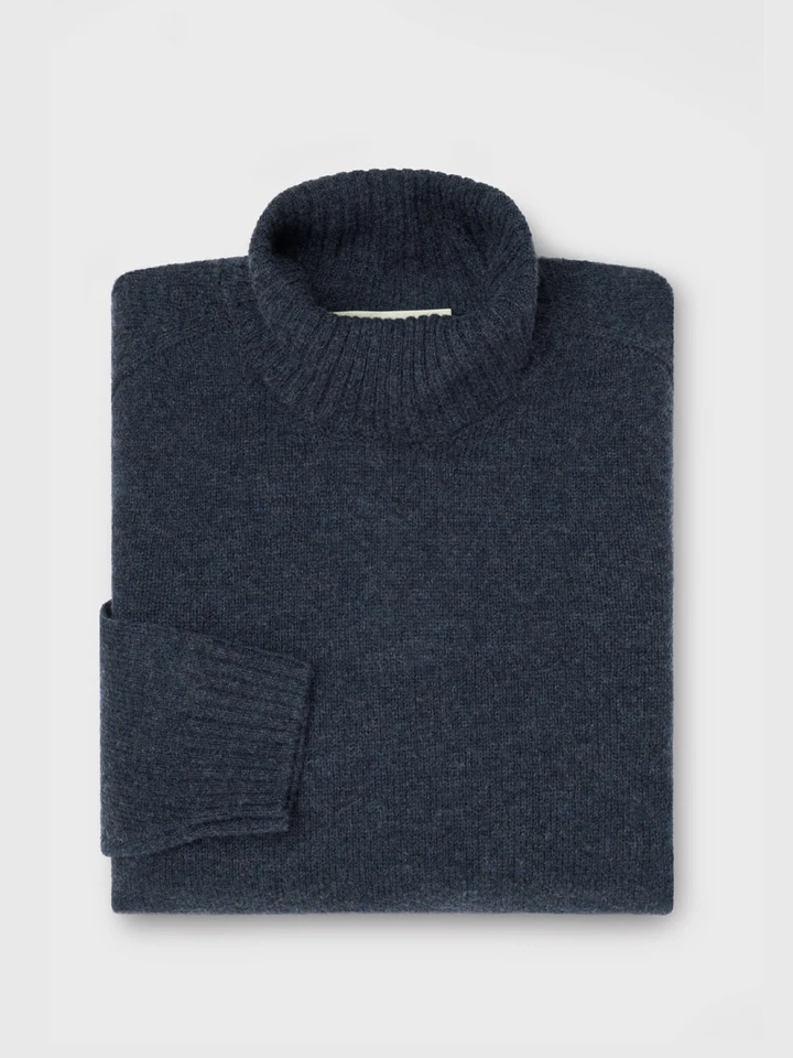 Mens Navy Blue Lambswool Roll Neck Jumper