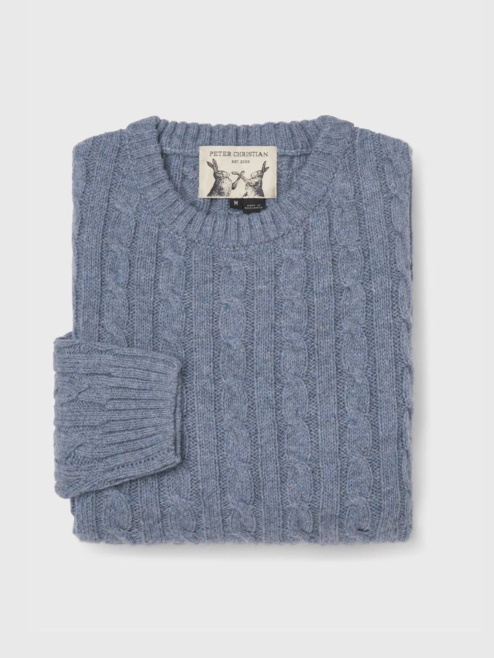 Mens Mist Blue Cable Crew Neck Jumper