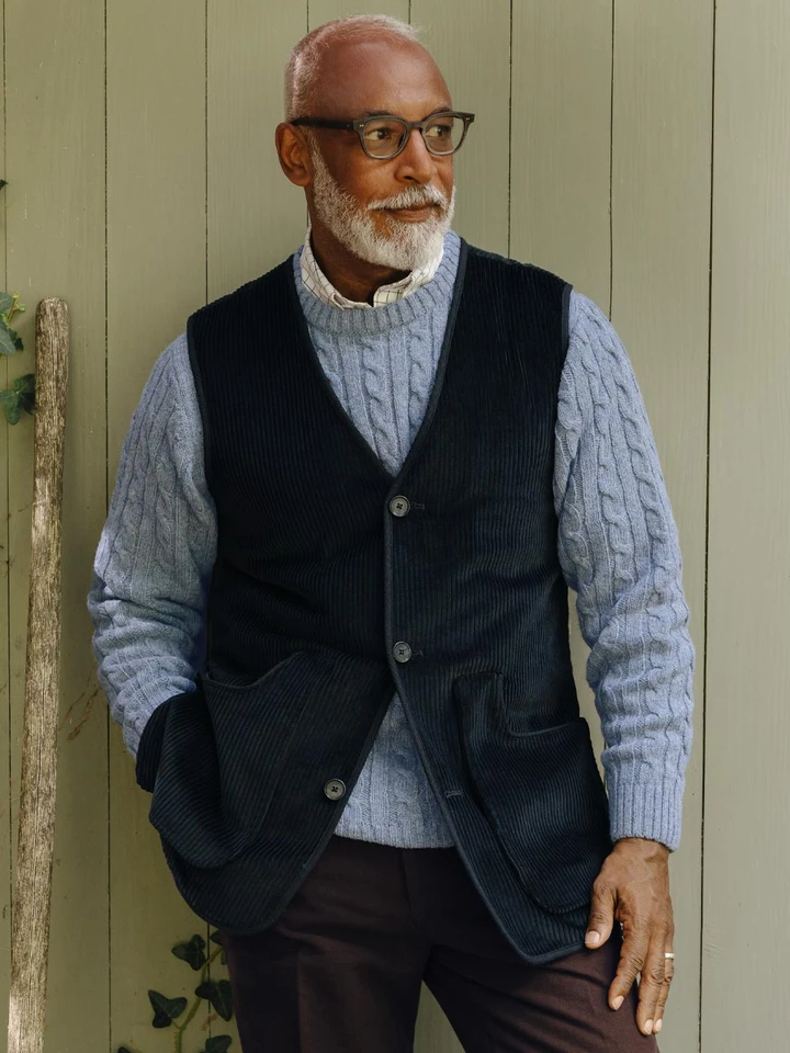 Mens Mist Blue Cable Crew Neck Jumper on Model