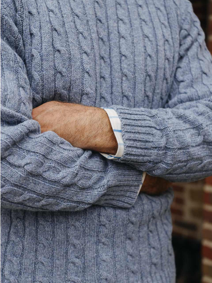 Mens Mist Blue Cable Crew Neck Jumper on Model