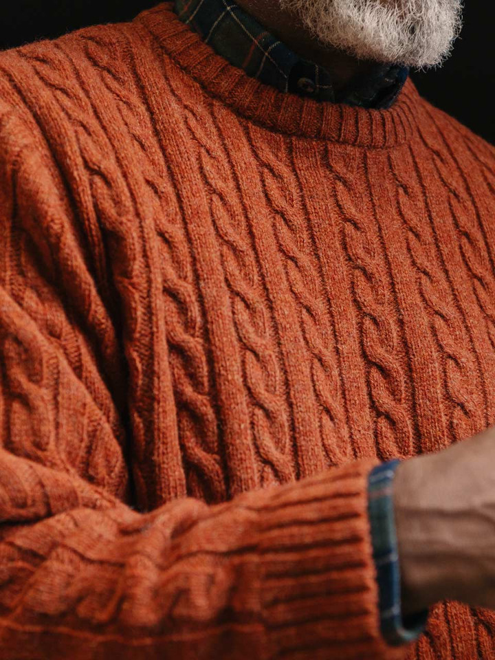 Mens Spice Cable Crew Neck Jumper Fabric Closeup on Model