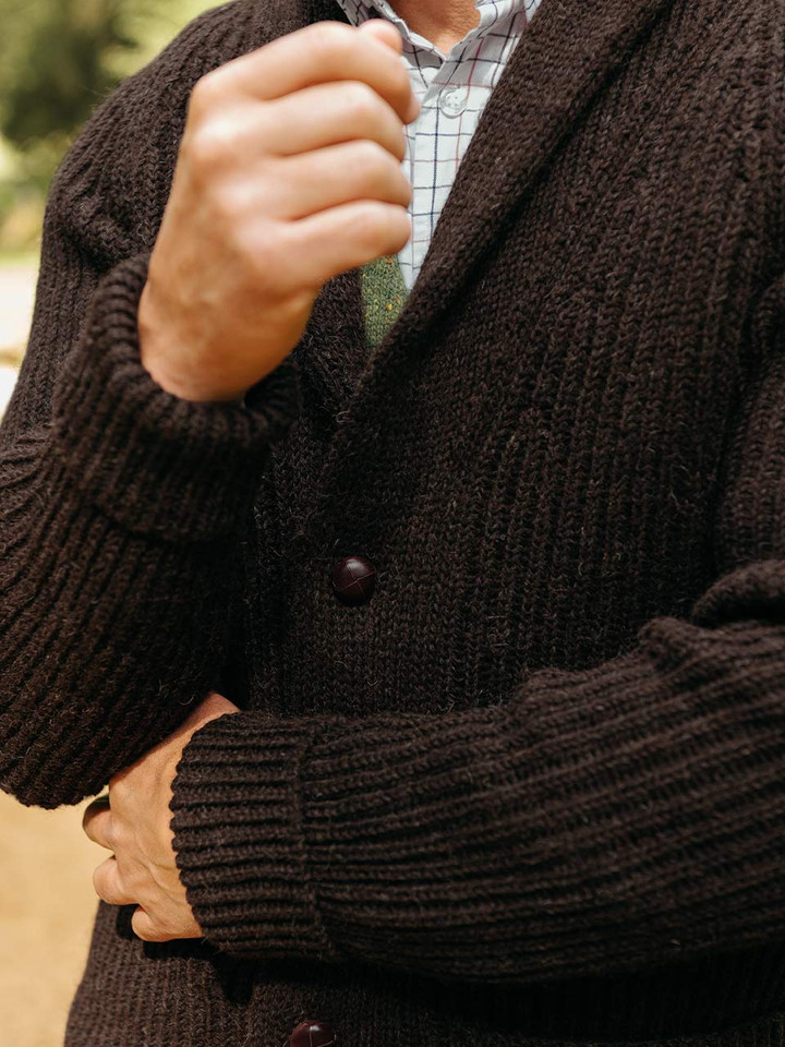 Espresso Brown Shawl Neck Cardigan Closeup on Model