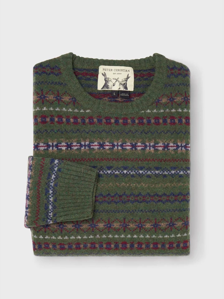 Mens Dark Green Fairisle Crew Neck Sweater