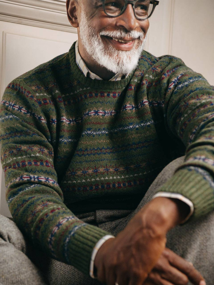 Mens Dark Green Fairisle Crew Neck Sweater on Model