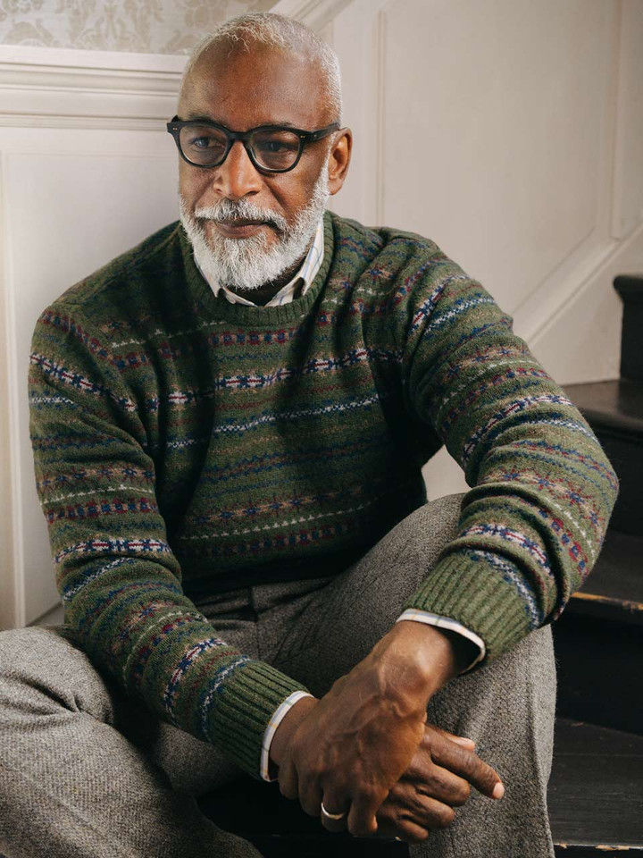 Mens Dark Green Fairisle Crew Neck Sweater on Model