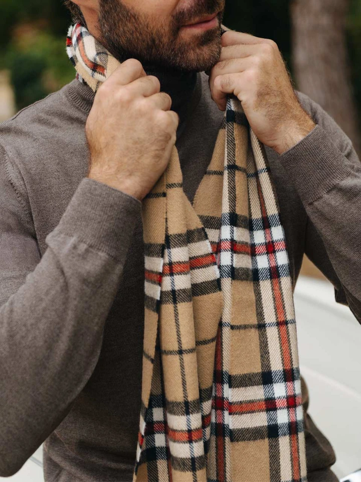Mens Camel Checked 100% Lambswool Scarf on Model