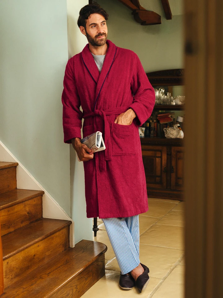 Mens Wine Towelling Dressing Gown on Model