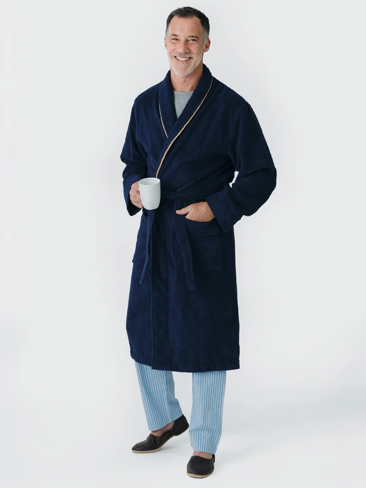 Mens Navy Towelling Dressing Gown on Model