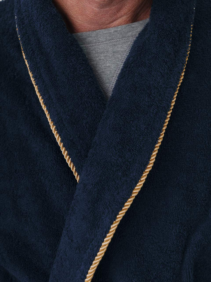Mens Navy Towelling Dressing Gown on Model