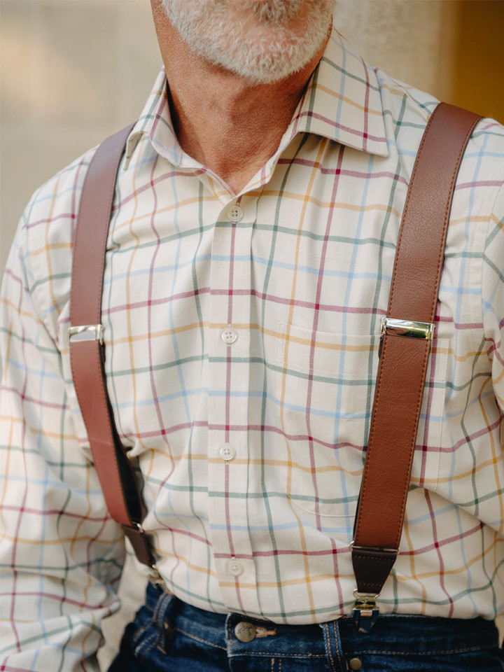 Men's Chestnut Brown Leather Braces with MS204 Big Check Tattersall Shirt