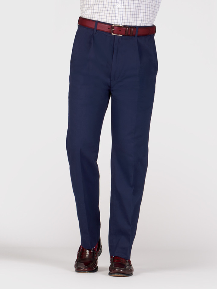 Mens Navy Pleated Chino Trousers on Model