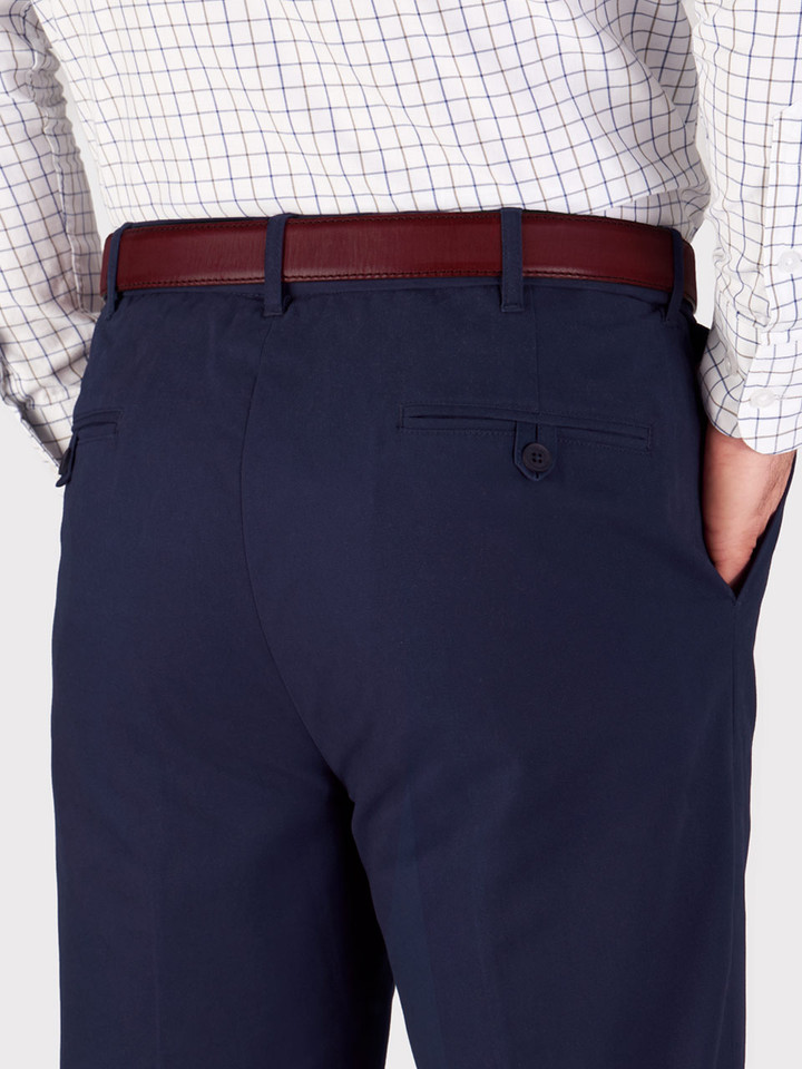 Mens Navy Pleated Chino Trousers on Model Back