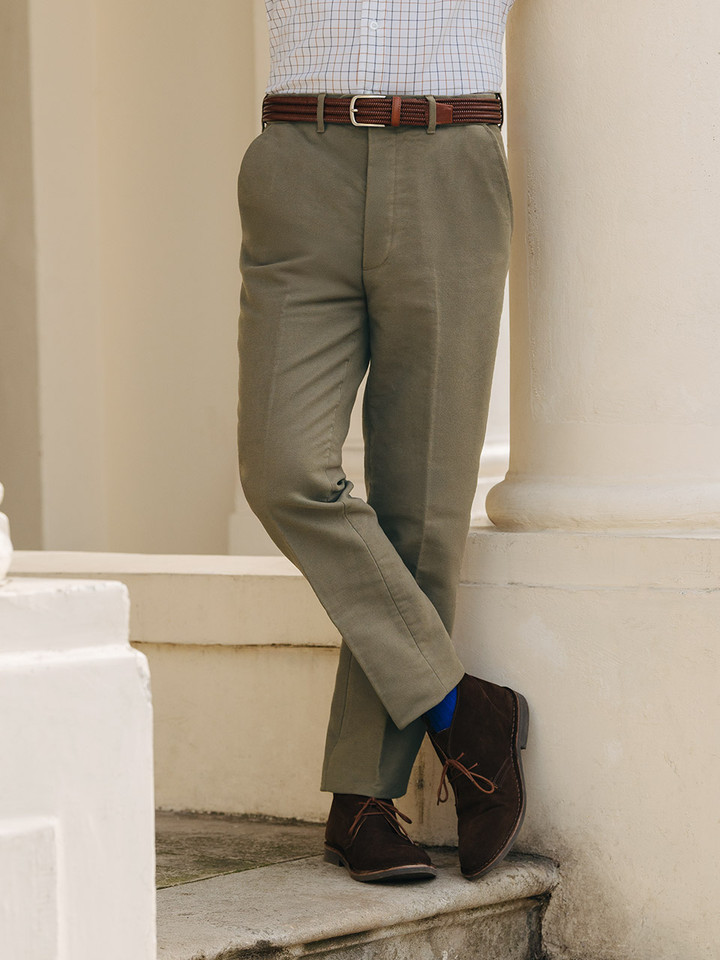 Men's Loden Green Moleskin Trousers on Model