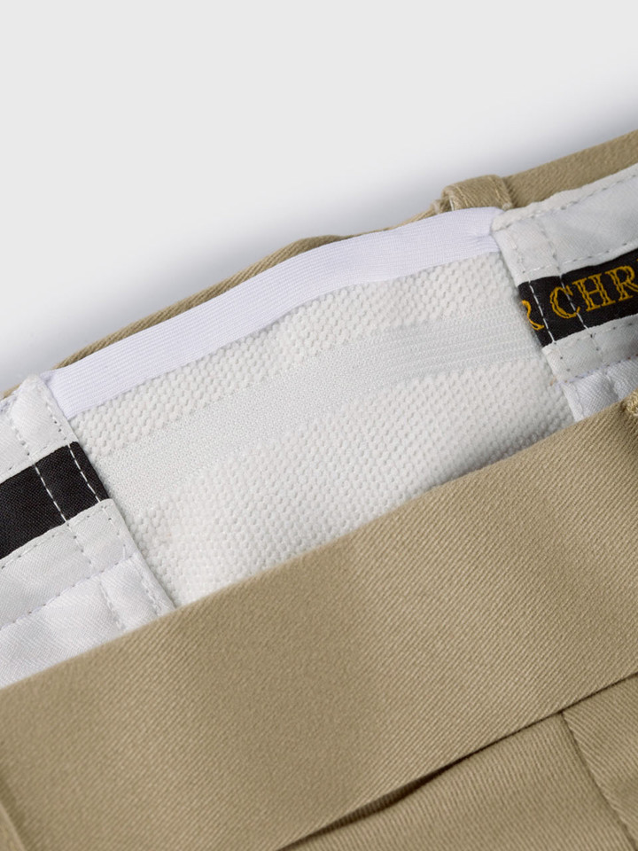 Close Up of Sand Brown Pleated Chino Trousers Expanding Waistband