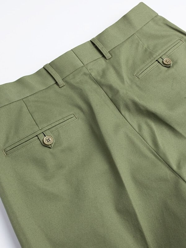 Close Up of Green Pleated Chino Trousers Rear Pockets