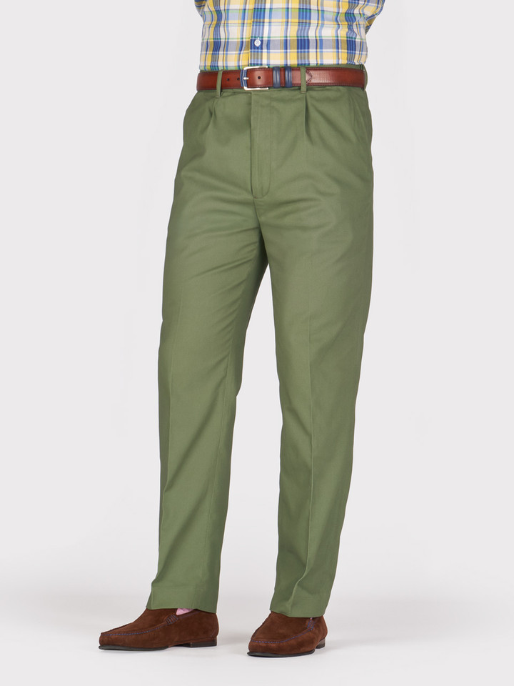 Mens Green Pleated Chino Trousers on Model