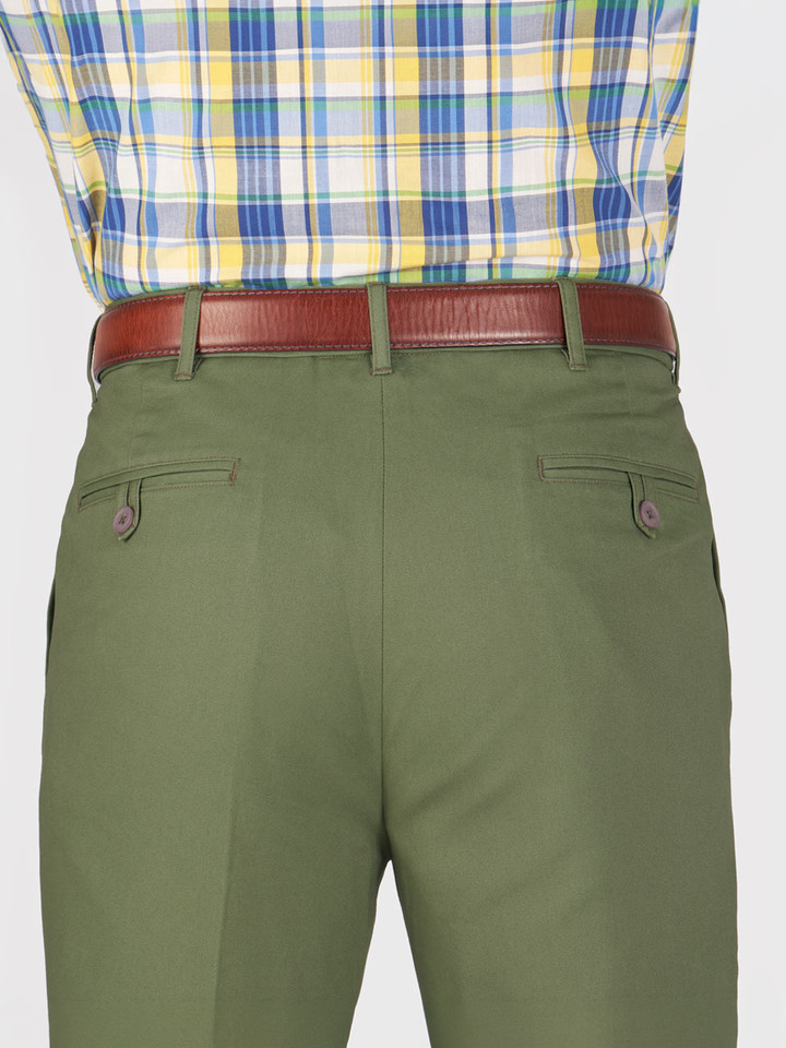 Mens Green Pleated Chino Trousers on Model
