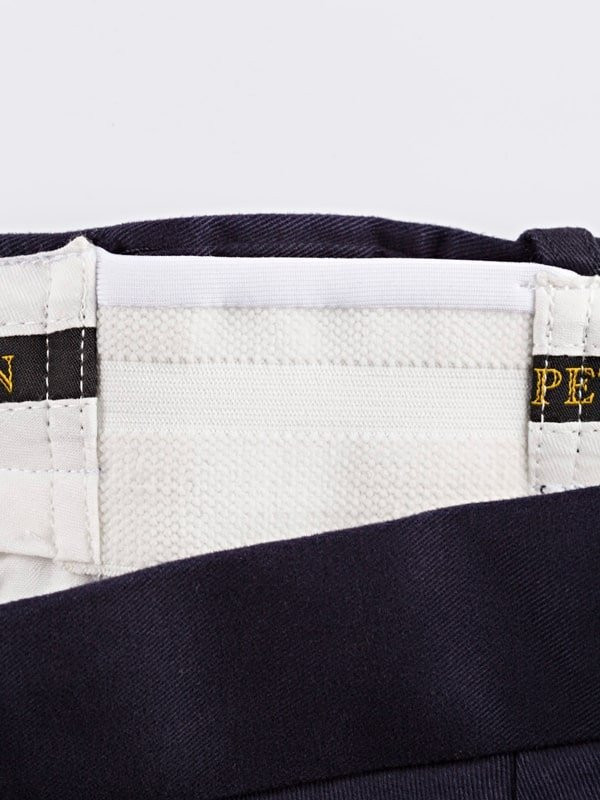 Close Up of Navy Blue Flat Front Chino Trousers Expanding Waistband