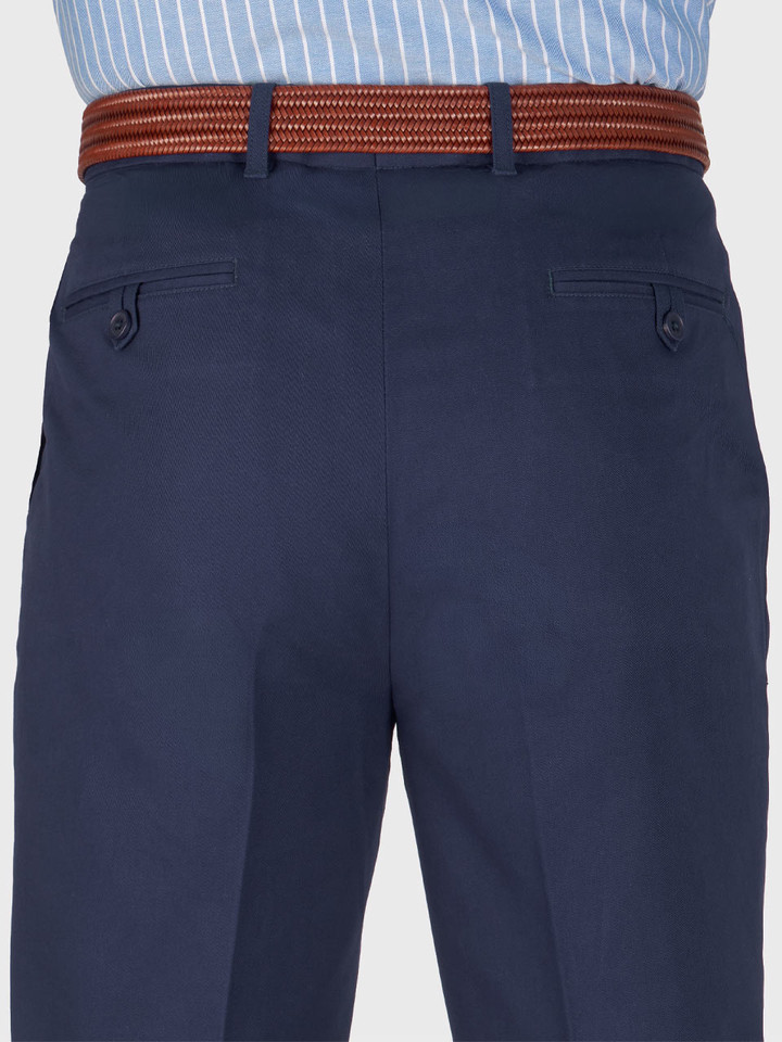 Men's Navy Blue Flat Front Chino Trousers on Model Back Pockets