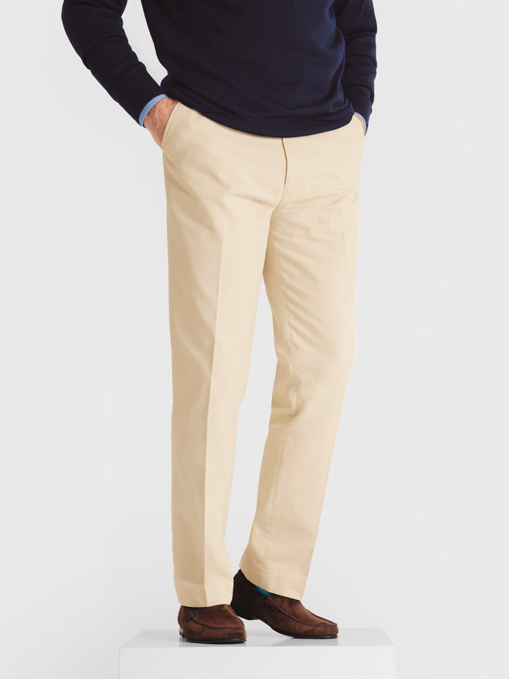Men's Stone Flat Front Chino Trousers on Model