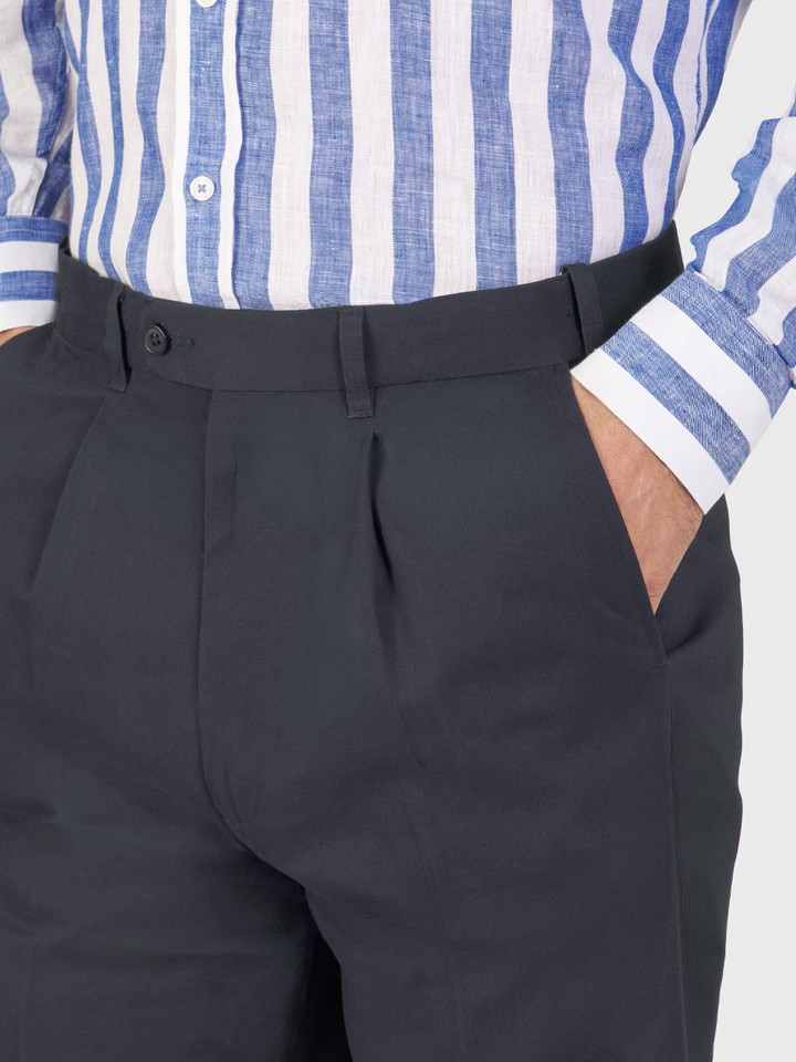 French bearer on Men's Navy Blue Cotton Pleated Chino Shorts