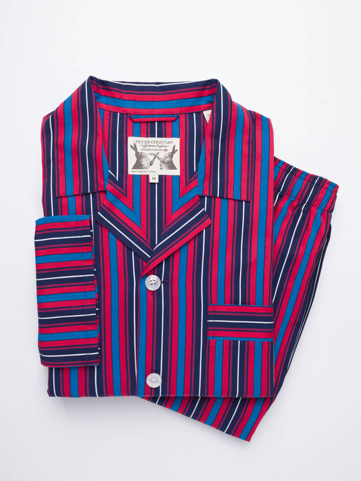 Mens Folded Navy & Red Club Striped Cotton Pyjamas
