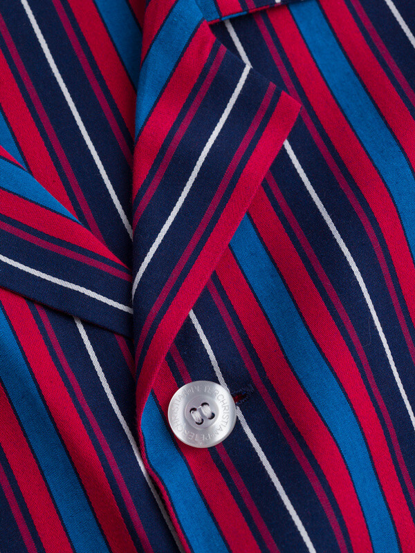 Close Up of Navy & Red Club Striped cotton Pyjamas collar