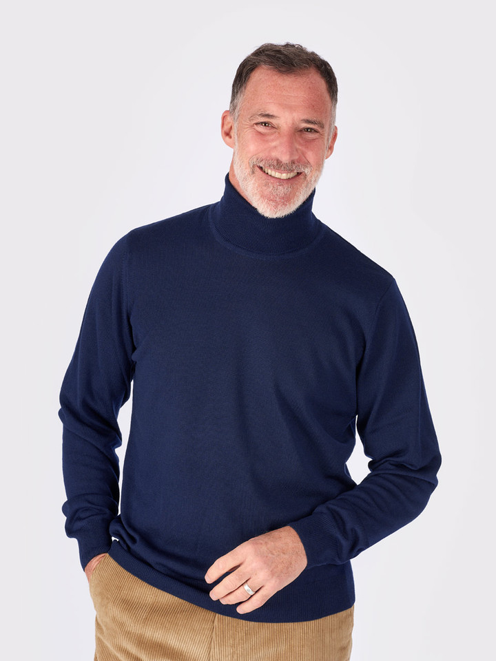 Men's Navy Blue Merino Wool Polo Neck Jumper On Model