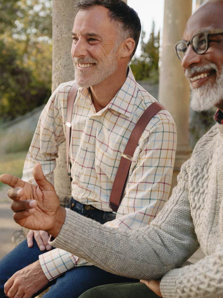 Model wears Burgundy Big Check Tattersall