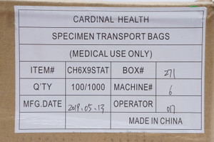 CARDINAL HEALTH SPECIMEN TRANSPORT BAG CH6X9STAT