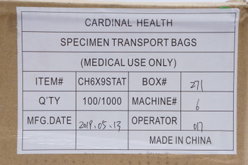 CARDINAL HEALTH SPECIMEN TRANSPORT BAG CH6X9STAT