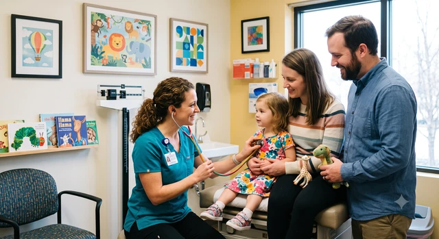 Pediatric practice clinician with child patient