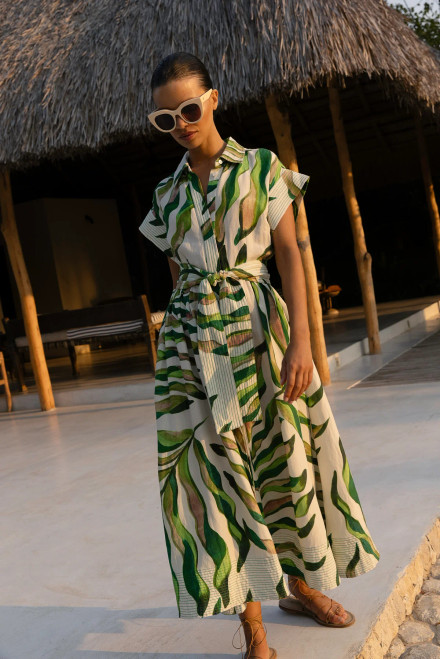 Oliphant Belted Shirt Dress, Maldive Green