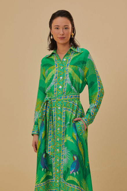 Farm Rio Chemise Dress, Macaw Scarf Green