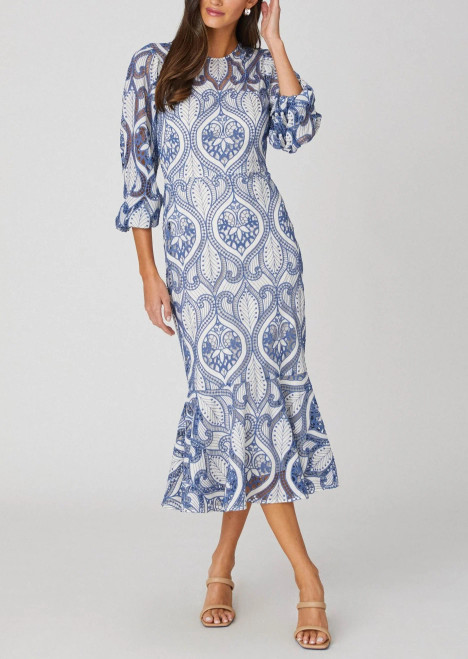 Shoshanna Adella Dress, Ivory/Sea Blue