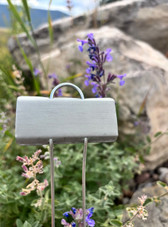 Mini E-Series zinc garden marker with compact angled nameplate and galvanized wire legs – perfect for labeling seedlings, small herbs, or container plants. Lightweight yet durable, rustproof, and weather-resistant. Made in the USA for gardeners who need clear, long-lasting plant tags.