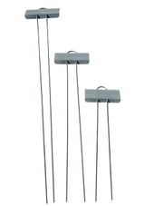 Close-up of E-Series Zinc Garden Marker with durable galvanized steel wire legs and weather-resistant zinc nameplate – ideal for outdoor plant labeling in vegetable gardens, herb beds, flower plots, and botanical displays. Rustproof and reusable metal garden marker proudly made in the USA.