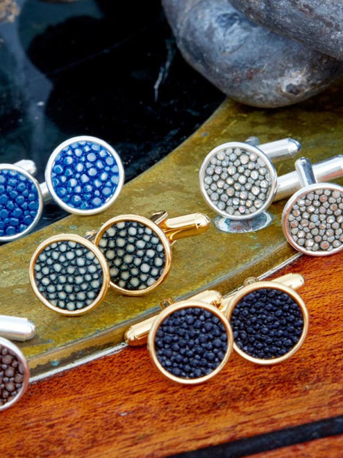 Gold-plated and Silver-plated Cuff Links inlaid with Stingray Leather designed and handcrafted in Cape Charles, Va.