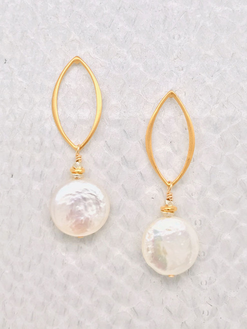 Barcelona Earrings–3/4" Freshwater Coin Pearl suspended from a 24K Gold Vermeil-Style Open Marquise Post.